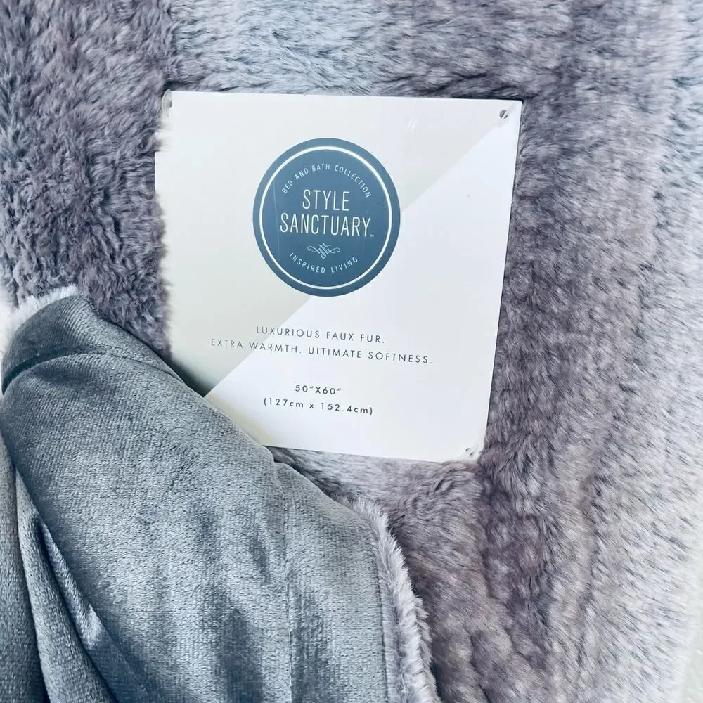 Style Sanctuary Faux Fur Cool Gray Velvet Luxury Throw Blanket